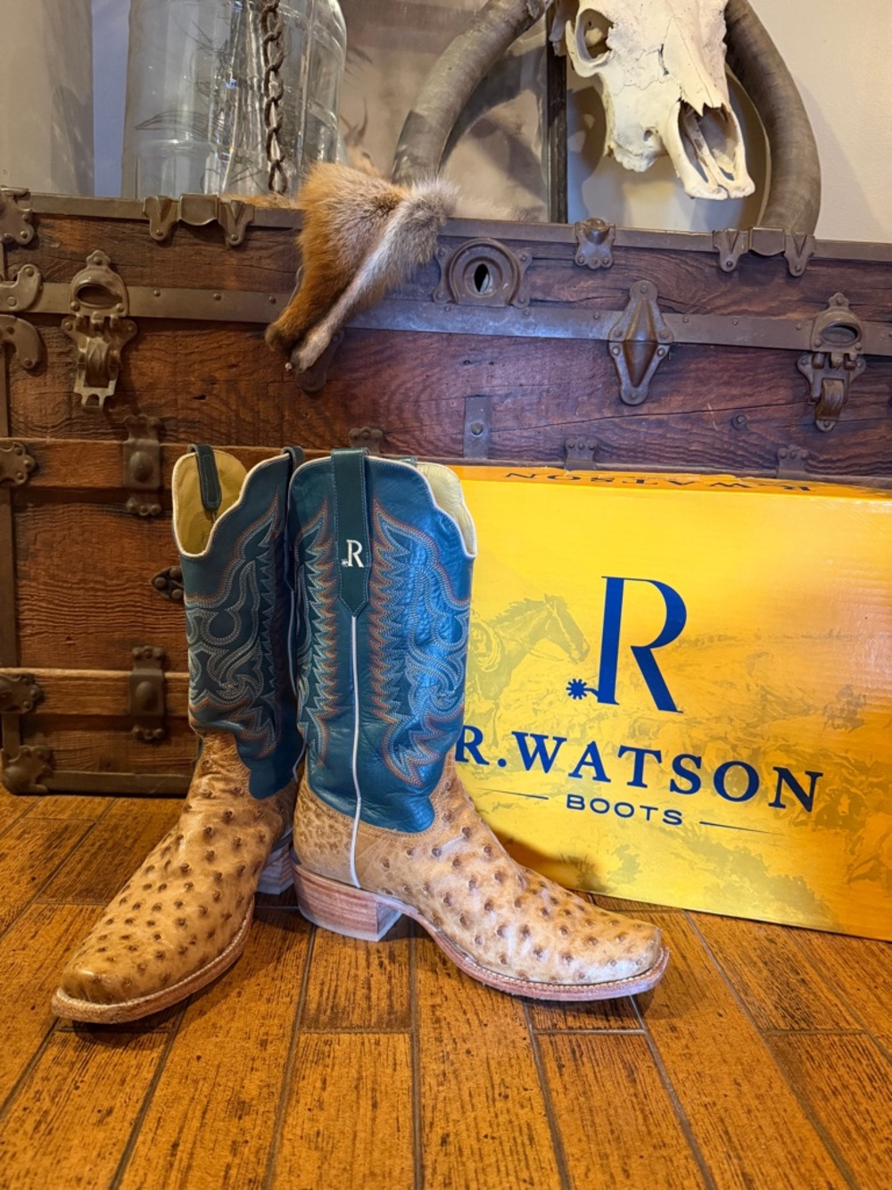 R. Watson Men's Tan Ostrich Leather Cowboy Boots with Teal Shaft